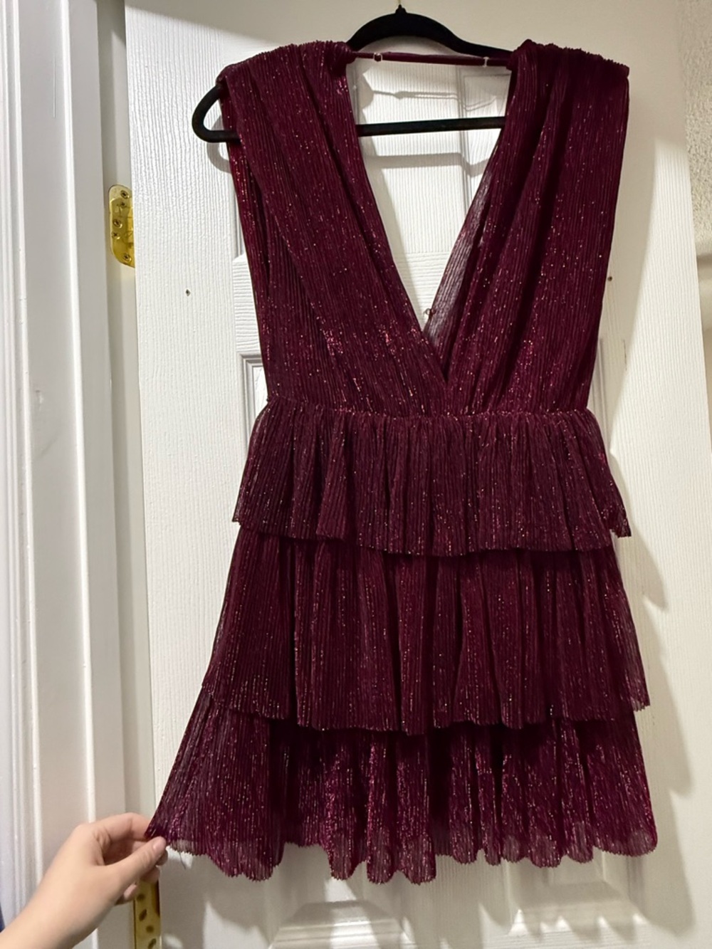 Olivaceous Deep Burgundy Tiered V‑Neck Mini Dress